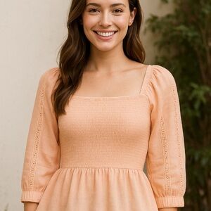 Japna Smocked Square Neck Peplum Blouse – Peach, Size M